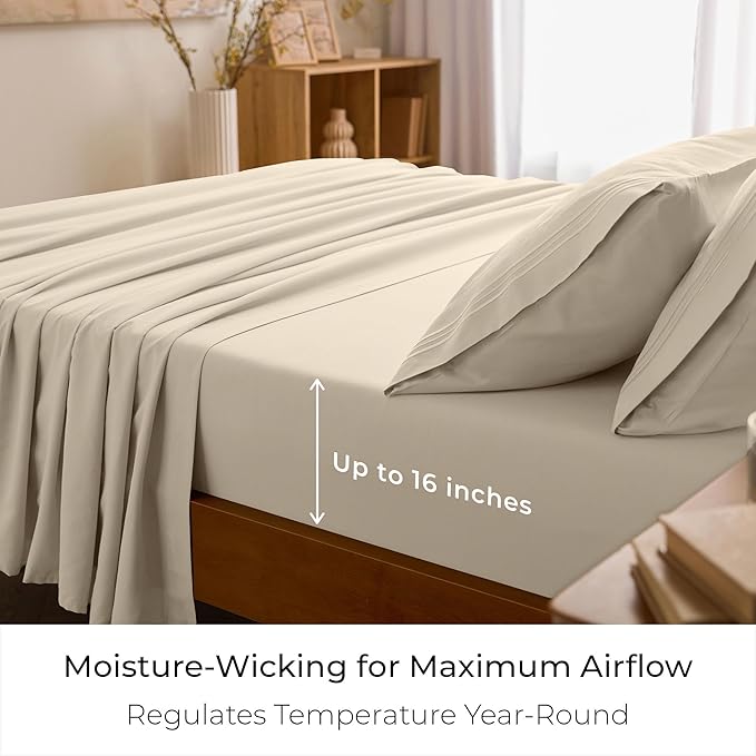 Mellanni Queen Sheet Set - 6-Piece Iconic Collection Bedding, (Including 4 Pillowcases), 16-Inch Deep Pocket, Easy Care, Extra Soft, Cooling Sheets, Brushed Microfiber - Beige