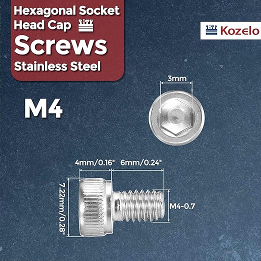 Kozelo 50pcs Socket Head Cap Screws - [M4-0.7 x 6mm] 304 Stainless Steel Allen Socket Drive for Electrical Motor 3D Printing Fan Engine Replacement Use, Silver