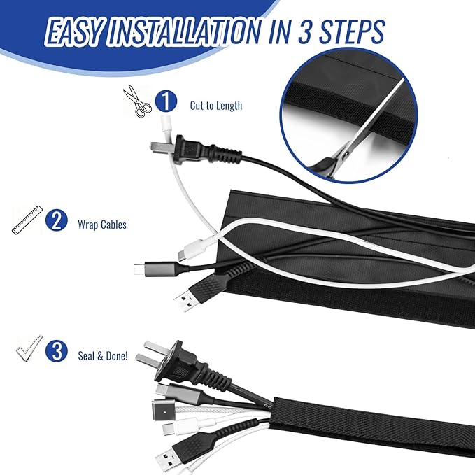 Flauzmann 3/4" - 6.6FT Hook and Loop Cable Sleeve, Dog Cat Cord Protector Waterproof Split Sleeving for USB Computer Office Automotive Audio Cables - Protects Cables from Pets Chewing - Black