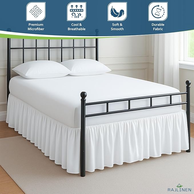 Rajlinen Ruffled Bed Skirt Full, 10 Inch Drop Dust Ruffle with Split Corners, 100% Microfiber Bedskirt with Platform, Three-Sided Coverage Ruffled Gathering Design, White