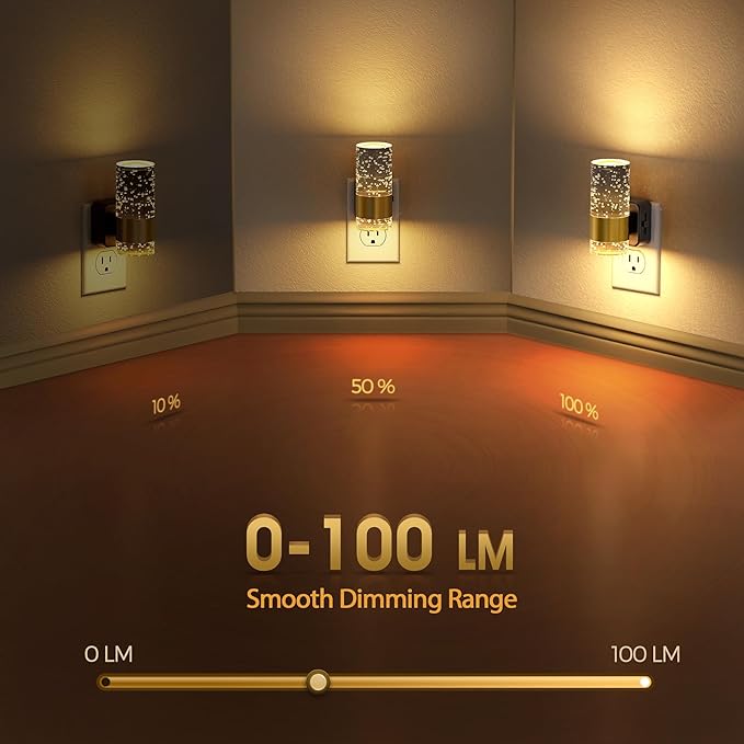 Briignite Night Light, 2 Pack Dimmable Night Lights Plug into Wall, LED Night Light with 0-100 LM Adjustable Brightness, 3000K Automatic Night Lights with Dusk to Dawn Sensor, for Bathroom Hallway