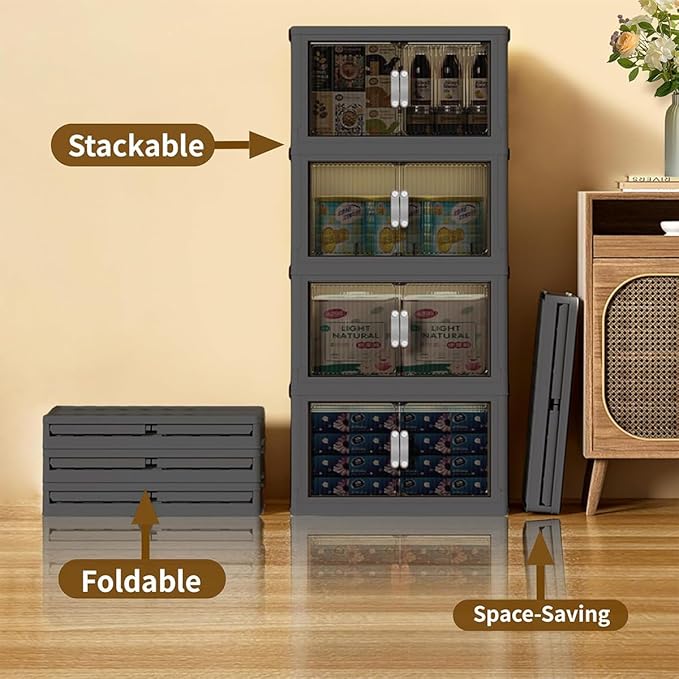 Stackable Storage Bins, Collapsible Plastic Container Bins with Lid & Wheel, Closet Organizer Foldable Cabinet with Door, Folding Storage Boxes for Home, Pantry, Office (M, Gray 5-Tier)