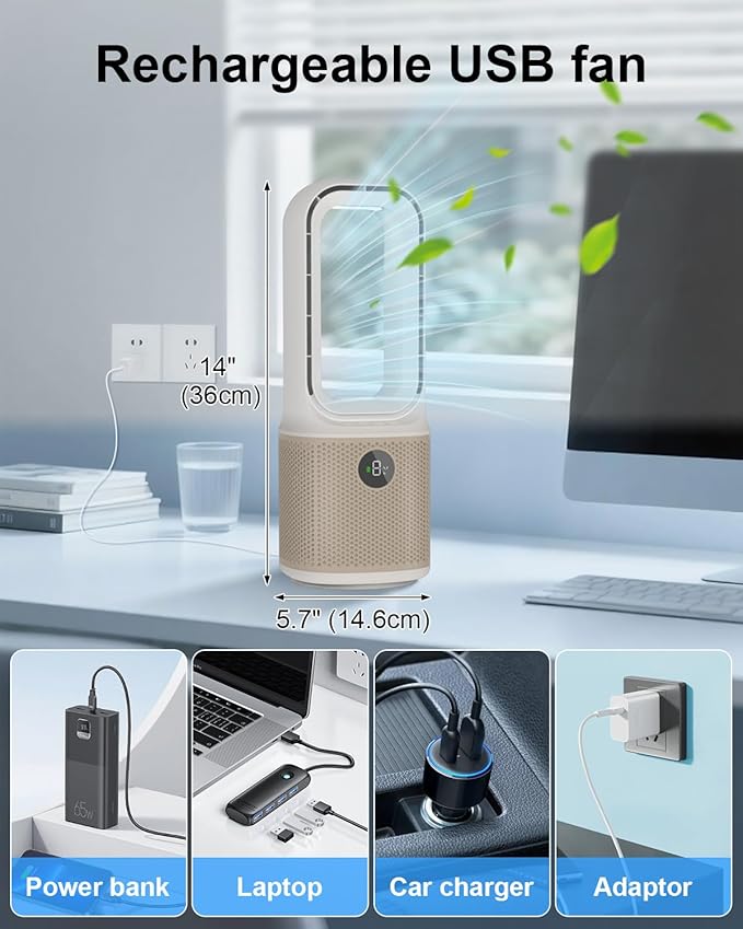 MEIIS Desk Fan, Small Quiet Bladeless Fan with 9 Speed Adjustment & 3 Light Modes, 14 Inch USB Rechargeable with 5000mAh Battery, 60° Oscillating Cooling Fans for Office, Living Room, Bedroom White