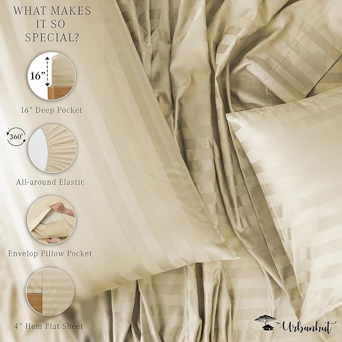 URBANHUT 800 Thread Count 100% Cotton Damask King Size Sheets, 4 Piece Striped King Size Bedsheets, Luxury Hotel Sheets Sateen Weave - Better Than Egyptian, 16" Elasticized Deep Pocket- Sand