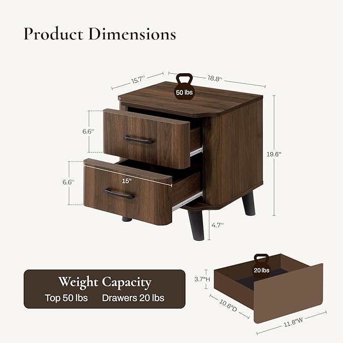 LuxenHome Mid Century Modern Nightstands Set of 2, 20" Walnut Night Stand with Curved Edge, Dark Brown Nightstand with Drawers, Boho Bed Side Tables Bedroom, Storage End Tables Living Room, 2PCs