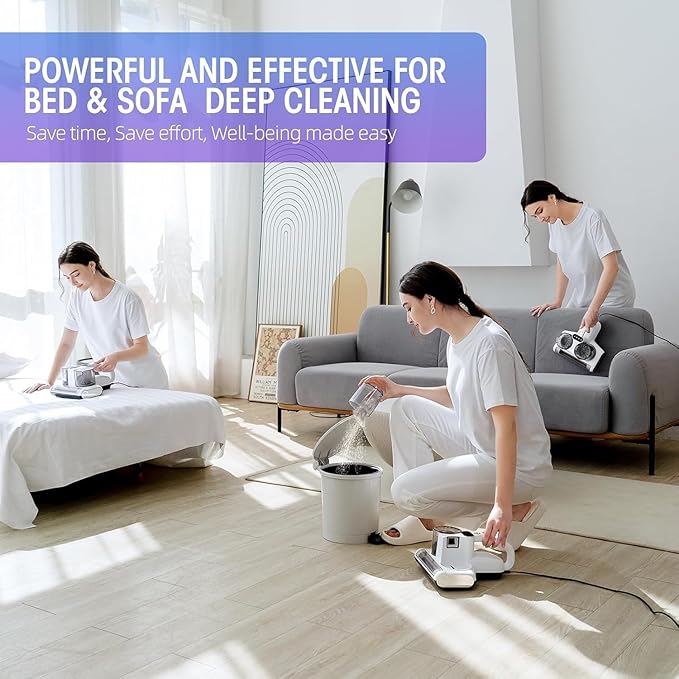 JPHYLL Mattress Vacuum Bed Vacuum Cleaner 16Kpa Suction 253.7nm UV-C Light, 140°F Heated Air, 30000 RPM Brushroll, Ultrasonic, HEPA Filter, Handheld Vacuums for Carpet/Sofa, 500W Corded, (White)