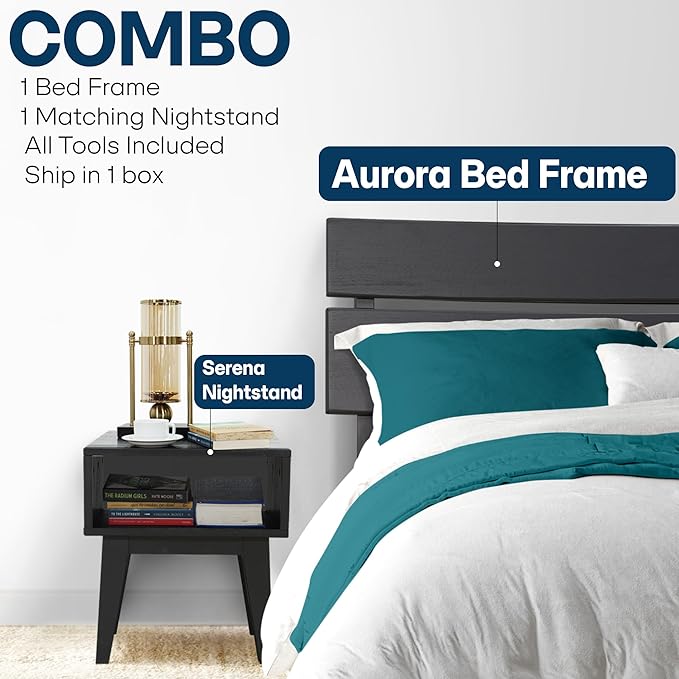 Acacia Aurora King Solid Wood Bed Frame with Headboard – Gift Matching Nightstand Included, Mid-Century Modern Farmhouse, Black Ristretto, 800 lbs Capacity, Sturdy, No Box Spring, Easy Assembly