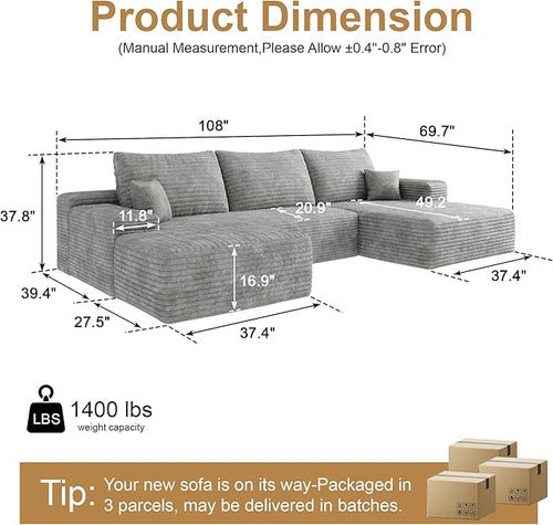 108" Sectional Couches for Living Room Modern Modular Sofa with L-Shape Couchs Upholstered Boneless Couch Deep Seat Sectional Couch with Chaise (Grey, Right Facing Chaise+2Seaters+1Ottoman)