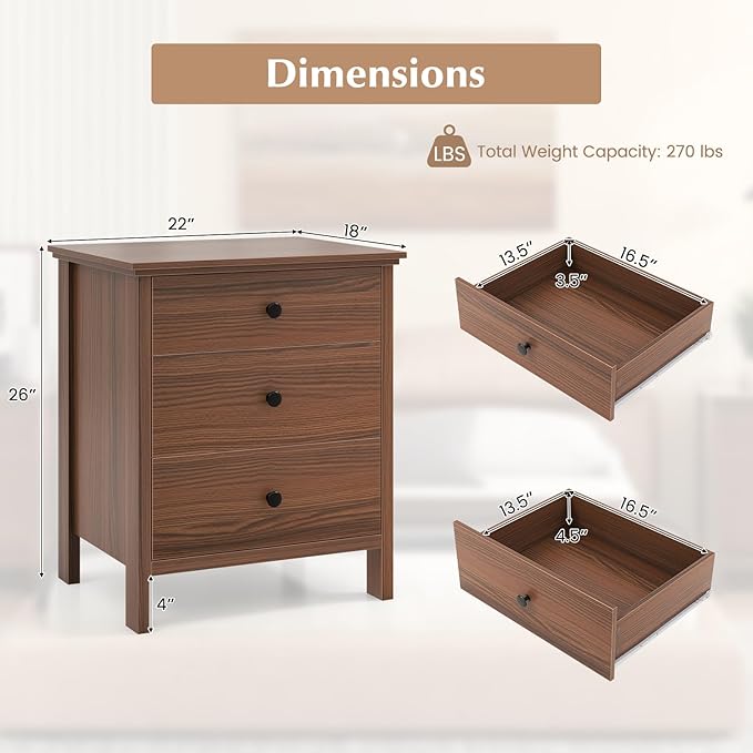 Giantex Set of 2 Nightstand with Drawers Solid Structure Side Table for Storage Bedroom, Living Room Accent Furniture Small Spaces Side End Table, (Brown, 24 in x 18 in x 26 in)