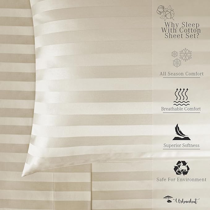 URBANHUT 800 Thread Count 100% Cotton Damask Queen Size Sheets, 4 Piece Striped Queen Size Bedsheets, Luxury Hotel Sheets Sateen Weave - Better Than Egyptian, 16" Elasticized Deep Pocket- Ivory