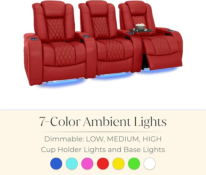 Seatcraft Diamante Zero-Gravity CoolZero Italian Leather Home Theater Seating, Power Headrest, Power Recline, Row of 4 Left Loveseat, Red