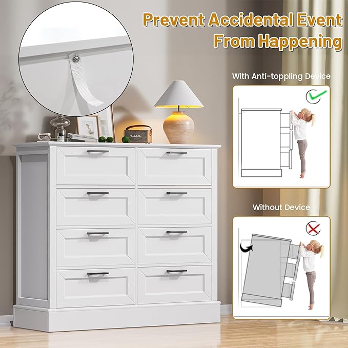 Odeekea White Dresser for Bedroom, Wood Dresser with 8 Drawers, Chest of Drawer for Bedroom Living Room Entryway Hallway, Modern Farmhouse Style