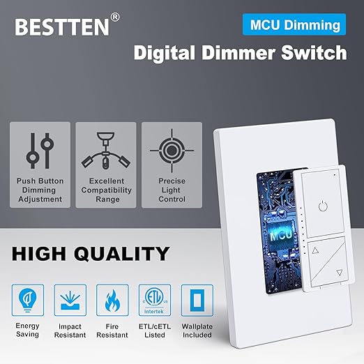 BESTTEN Super Slim Digital Led Dimmer Switch with Air Gap Power Cut Off Switch, 3 Button Control, Single Pole or 3 Way Dimmable Dimmer, Screwless Wallplate Included, ETL Listed, White