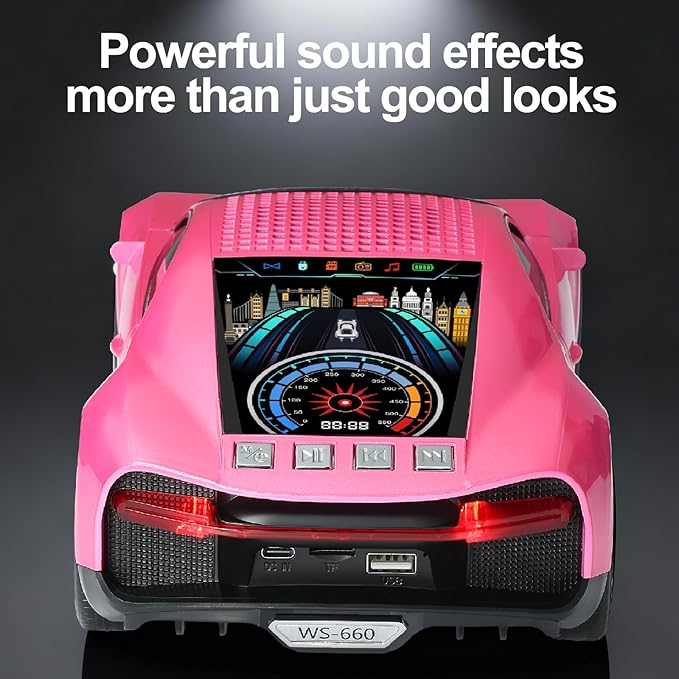 WSTER Luxury Sports Car Model Bluetooth Speaker with HD Sound, TWS Stereo Pairing, Display Screen, Built-in Microphone, Unique Bluetooth Car Speaker for Home, Party, Outdoor & Beach (Pink)