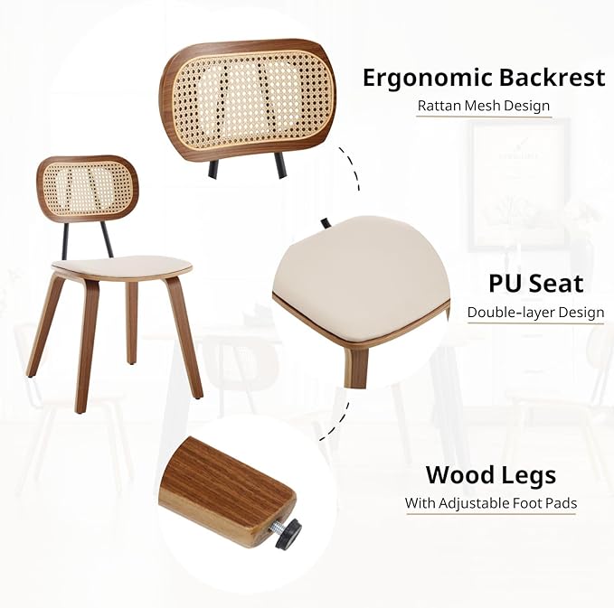 HEAH-YO Modern Dining Chairs Set of 6, Upholstered Faux Leather Dining Room Chairs with Rattan Backrest and Wood Legs, Armless Kitchen Chairs for Dining Room, Beige