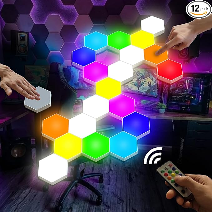 Vcwtty Hexagon Lights, Smart LED Wall Lights with Remote, 13 Colors Touch-Sensitive DIY Modular Assembled RGB Wall Panels, Hex Light with USB-Power for Autism, Game Room Decor, Party (12 Pack)