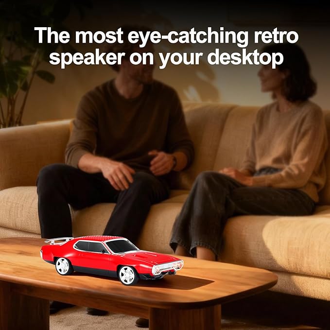 WSTER Retro Car Bluetooth Speaker with HD Stereo Sound, TWS Pairing, LED Party Lights, Built-in Microphone, Portable Wireless American Vintage-Style Bluetooth Speaker for Home, Office & Outdoor (Red)