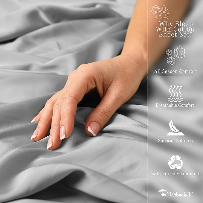 URBANHUT 800 Thread Count 100% Cotton Damask Twin Size Sheets, 4 Piece Striped Twin Size Bedsheets, Luxury Hotel Sheets Sateen Weave - Better Than Egyptian, 14" Elasticized Deep Pocket- Silver Grey