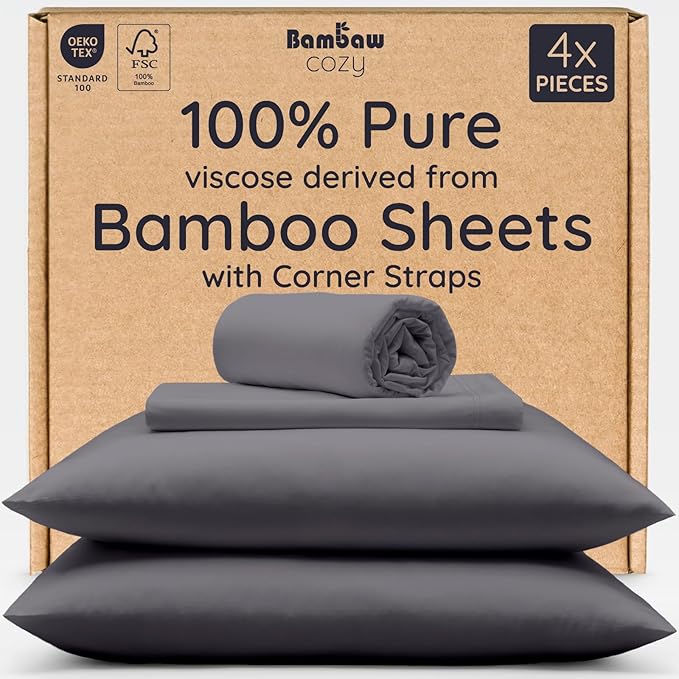 Bambaw California King Cooling Sheets Set 4pcs – 100% Viscose Derived from Bamboo Sheets Extra Deep Pockets, Soft & Breathable Bedding Set, Fits Up to 16'' with Elastic Corner Straps (Charcoal)