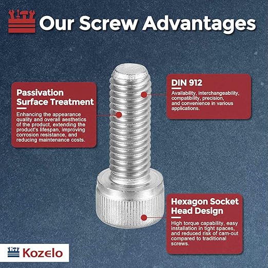 Kozelo 10pcs Socket Head Cap Screws - [M8-1.25 x 22mm] 304 Stainless Steel Allen Socket Drive for Electrical Motor 3D Printing Fan Engine Replacement Use, Silver