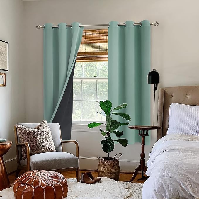 BGment Thermal Insulated 100% Blackout Curtains for Bedroom with Black Liner, Double Layer Full Room Darkening Noise Reducing Grommet Curtain (38 x 63 Inch, Frosty Green, 2 Panels)