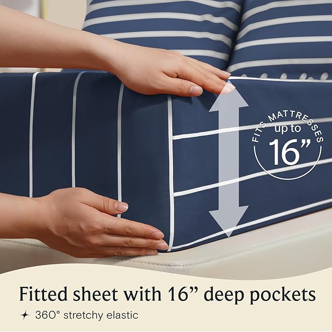 LuxClub 4 PC King Sheet Set, Deep Pockets Wrinkle Free Cooling Bed Sheets Hotel Bedding for Women, Men, Includes 1 Fitted Sheet, 1 Flat Sheet and 2 Pillowcases-Striped - Navy