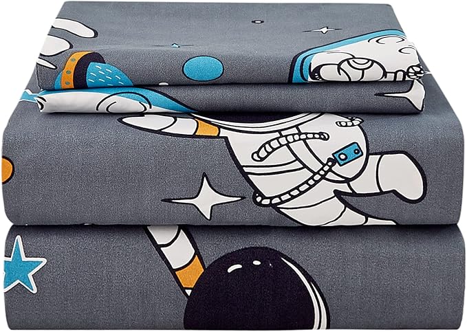JSD Grey Astronaut Kids Sheet Set Full Size, 4 Piece Boys Space Adventure Printed Microfiber Sheets Deep Pocket