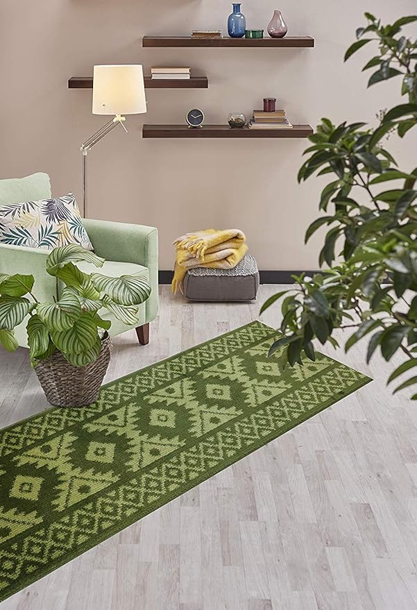 Custom Length Hallway Runner Rug,Slip Resistant,Southwestern Green, 26 Inch X 3 feet, Doormat, Sold and Priced Per Foot