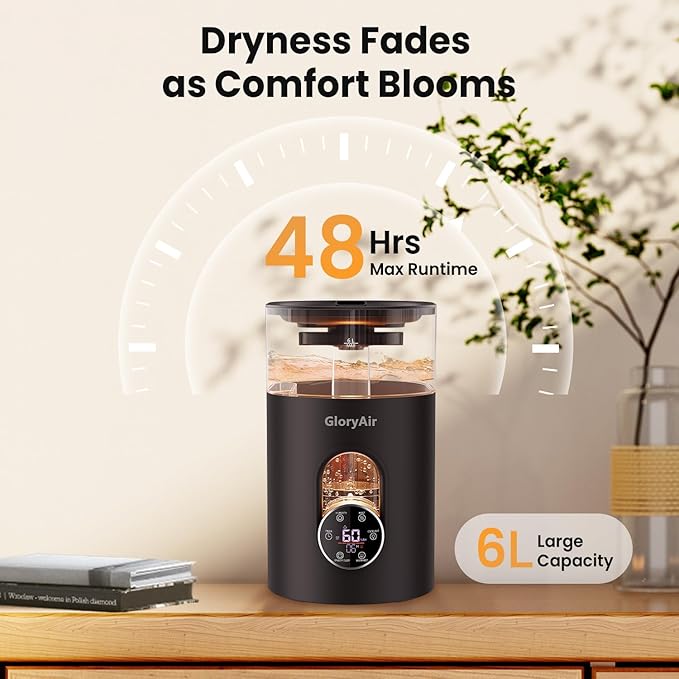 Warm & Cool Mist Humidifier - GloryAir Black 6L Quiet Top Fill Humidifiers for Bedroom Large Room with Smart Humidity Control, Remote Control, 7-Color Light, Humidistat, Oil Diffuser for Baby & Plants
