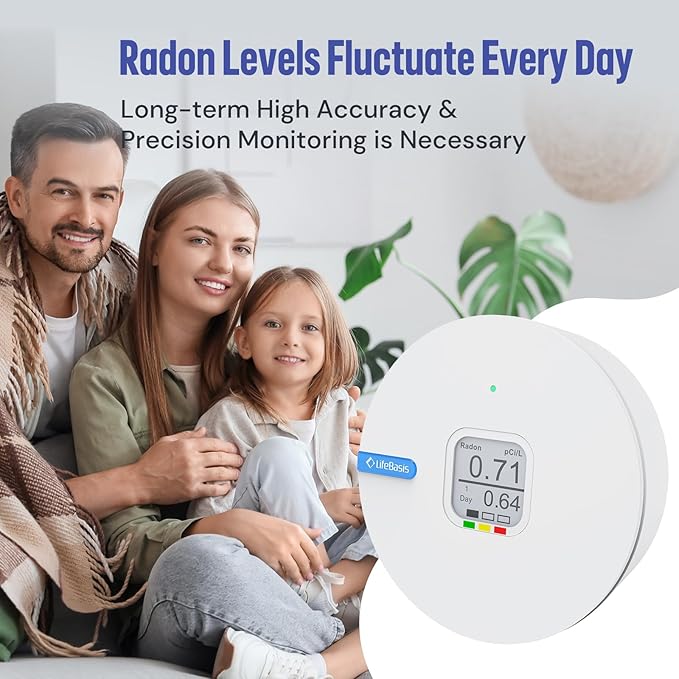 LifeBasis Radon Detector for Home, Portable E-Ink Display Radon Meter with Short & Long Term Monitoring of Radon Levels, Visual Alarm, Switchable Mesurement Unit Bq/m3 or pCi/L, Battery-Powered