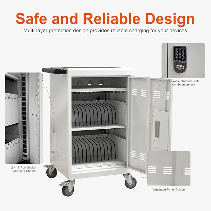 Aokleo 32 Devices Laptop Charging Cart with Password Lock,Tablet Storage Carts for Pad Up to 16.3" Screen,Classroom Computer Mobile Charging Station for Pads,Chromebooks,Laptops(White - Password Lock)