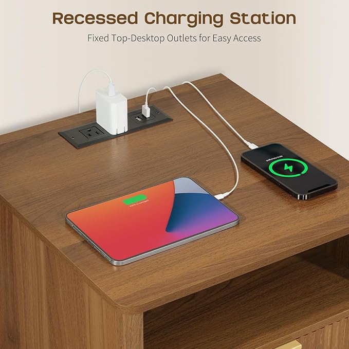 Night Stand with Charger Station, Fluted Nightstand with Drawers and Storage Shelf, Mid Century Modern Bedside Table Nightstands, Large Bed Side Table Wood Night Stands for Bedroom Living room