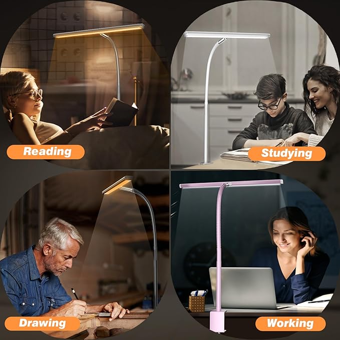Airlonv LED Desk Lamp for Office Home, Eye-Caring Desk Light with Stepless Dimming Adjustable Flexible Gooseneck, 10W USB Adapter Desk Lamp with Clamp for Reading, Study, Workbench