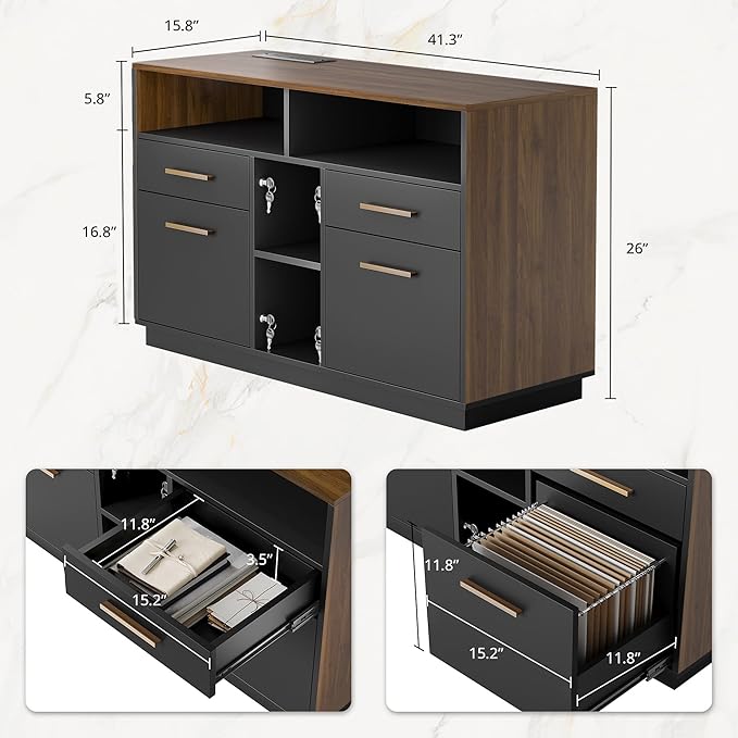 4 Drawer File Cabinet, Wood Filing Cabinet for Home Office with Lock, Power Strip, Storage Shelves, Home Office Lateral File Storage Fits Legal/Letter Size, Black Walnut