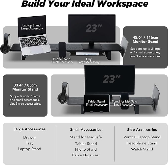 ULTRARM Moodular Wooden Monitor Stand 45.6” (116cm) Large Desk Organizer with Metal Slide Rails for Drawer, Tray, Laptop, Tablet, Phone & Headphones Customizable Riser for Organized Workspace Walnut