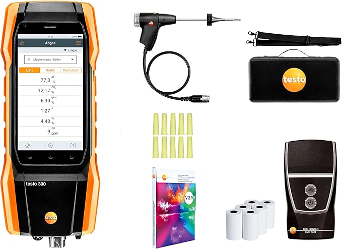 testo 300 Combustion Analyzer HVAC Kit with Printer - Combustion Leak Tester for Flue Gas, Draft, Differential Pressure & Ambient CO - Natural Gas Leak Tester with Probes - CO Meter with Touch Display