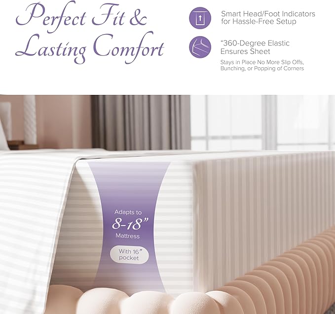Carressa Linen Luxury Egyptian Cotton Queen Stripe Sheet Set - 600 Thread Count Extra Long Staple 4 PC Set, Crisp White Queen Damask Sheets, Soft, Cooling Sateen Weave Sheets Upto 18 in Deep Pocket