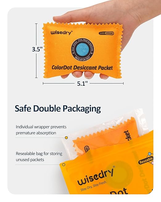 wisedry 100g [10 Packs] Rechargeable Desiccant Packs for Storage, Color Indicating Silica Gel Desiccant Packets, Reusable Moisture Absorbers Bags for Storage Bins, Suitcase, Gun Safe, Tool Box