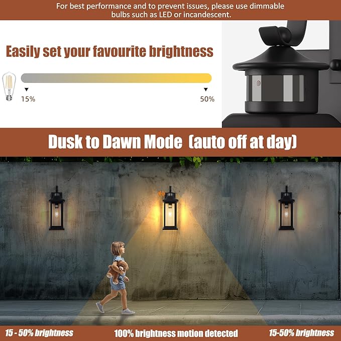 Roravilila 1-Pack 18 Inch Motion Sensor Front Porch Light IP65 Waterproof, Large Black Dusk to Dawn Outdoor Wall Lighting for House Exterior Light Fixture Clear Glass Garage Coach Light, E26 Bulb Base