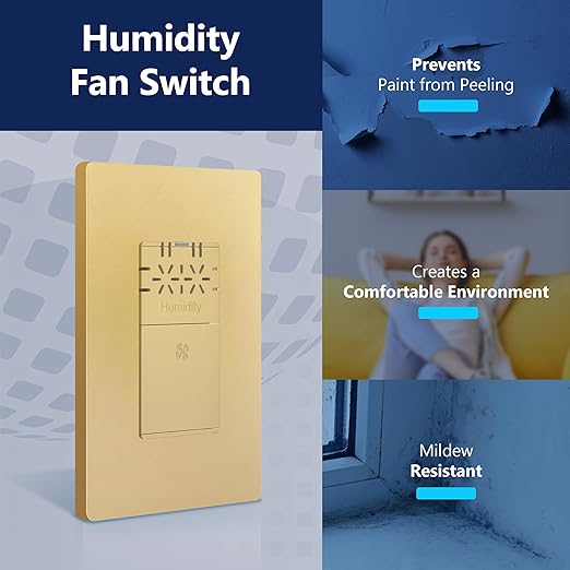 LIDER No Neutral Wire Required Humidity Sensor Switch, Automatic Humidity Detection, Air Circulator, Bathroom Fan Automated Control, Adjustable Timing, 1-Pole, Gold, Screwless Wall Plate Included