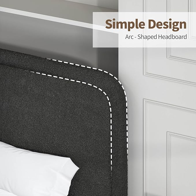 BarnFurin Full Size Bed Frame, Boucle Upholstered Platform Bed Frame with Headboard, Modern Style, Soft Rounded Corners, No Box Spring Required, Easy Assembly, Black