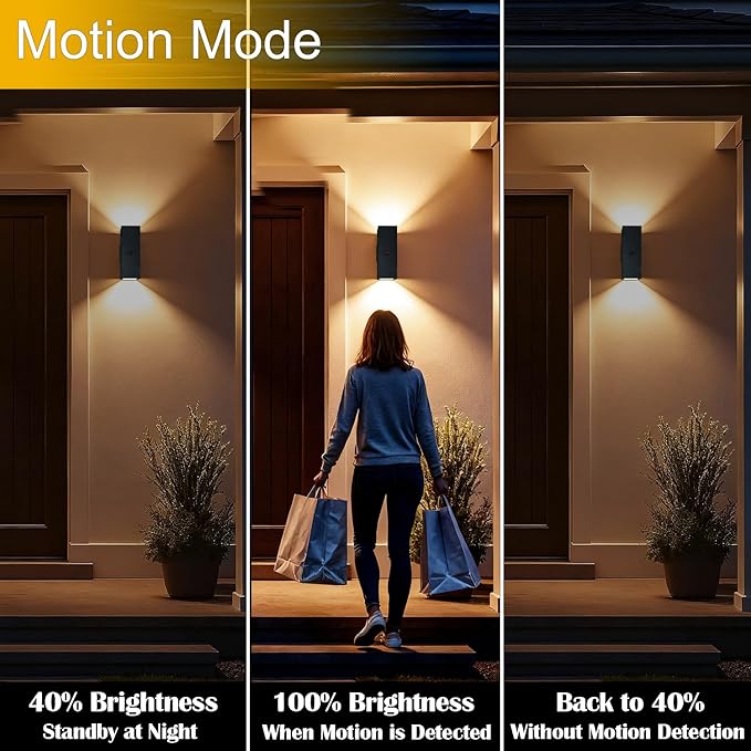 WISELUME 2 Pack Motion Sensor Outdoor Wall Lights, Dusk to Dawn Up & Down Sconces with E26 Dimmable LED Bulbs, Black Aluminum Porch, Patio, Garage,Front Door Lighting Fixtures, ETL Listed