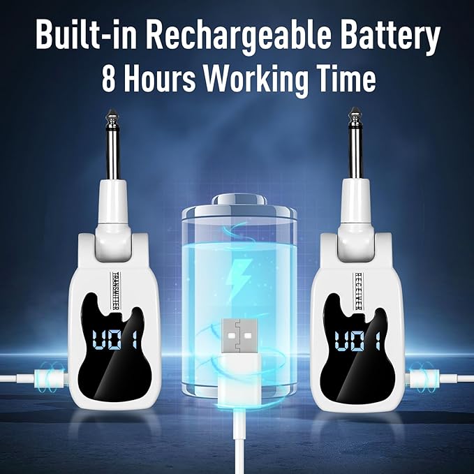 Devilclaw UHF Wireless Guitar System- 16 Channel Rechargeable Transmitter Receiver with Volume Control - Interference-Free Adapter for Bass Instruments(White)