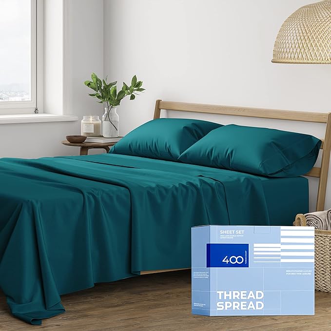 THREAD SPREAD 100% Cotton Bed Sheets Queen Set - 400 Thread Count Cotton Queen Sheets Only, 4 PC Set (Teal), Ultra Soft, Breathable, Cooling, Sateen Weave 16" Deep Pocket Bedsheet for Hot Sleepers