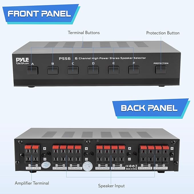 Pyle Home Premium New and Improved 6 Zone Channel Speaker Switch Selector Switch Box Hub Distribution Box for Multi-Channel High Powered Stereo Amplifier A,B,C,D Switches, 6 Pairs Of speakers - PSS6