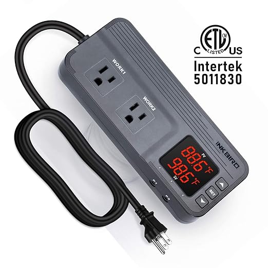 Inkbird ITC-608T Temperature Controller with Dual Temperature Sensor AC Dual Stage Outlet Thermostat with 12 Period Time Stage 1800W ETL Listed