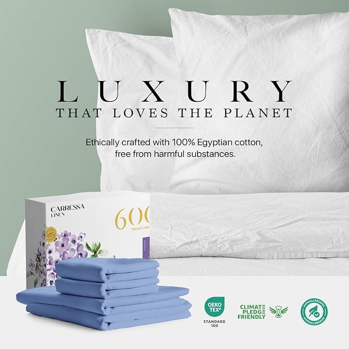 Carressa Linen 100% Egyptian Cotton King Size Sheets Set - 600 Thread Count Egyptian Cotton Queen Sheets King Size (4 PC, Marine Blue), Soft, Cooling, 16" Deep Pocket Sateen Weave Luxury Bed Sheet Set