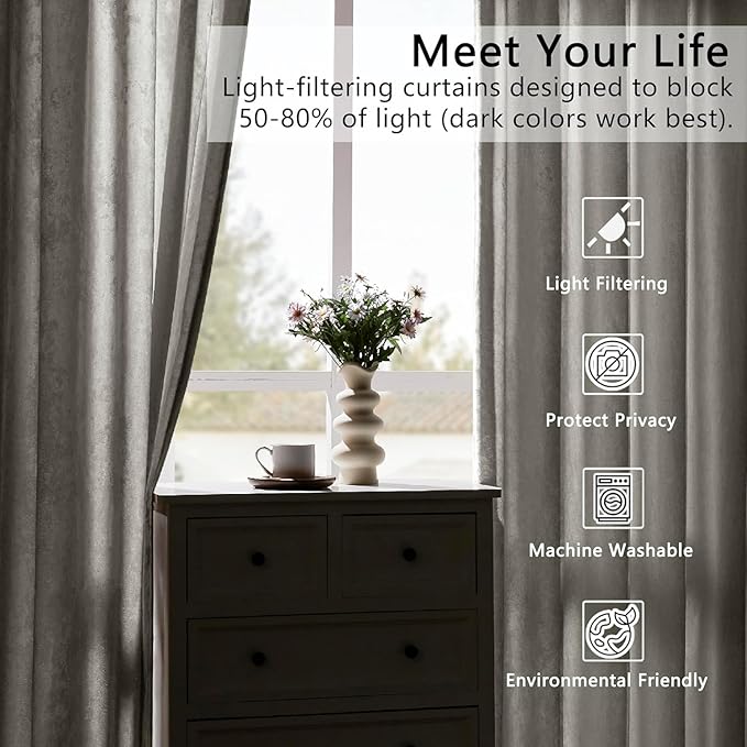 Silver Grey Crushed Velvet Curtains 52x108 inch Luxurious Thermal Insulated Soundproof Drapes for Living Room Bedroom Office Soft and Durable Light-Filtering Window Treatments, 2 Panels