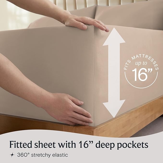 LuxClub 4 PC Full Sheet Set, Deep Pockets Wrinkle Free Cooling Bed Sheets Hotel Bedding for Women, Men, Kids & Teens, Includes 1 Fitted Sheet, 1 Flat Sheet and 2 Pillowcases-Soft Light Khaki