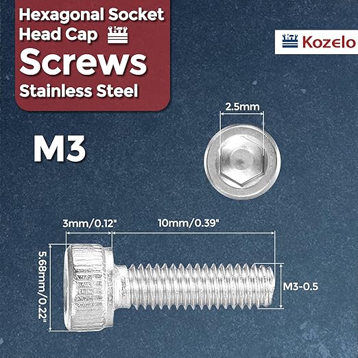 Kozelo 100pcs Socket Head Cap Screws - [M3-0.5 x 10mm] 304 Stainless Steel Allen Socket Drive for Electrical Motor 3D Printing Fan Engine Replacement Use, Silver